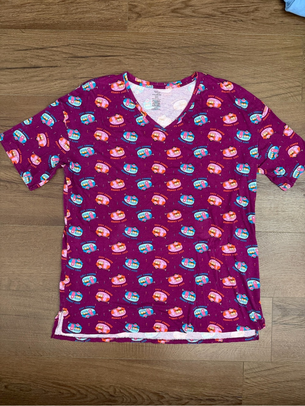 Secret Treasures Berry V-Neck Tee with Colorful Camper Print